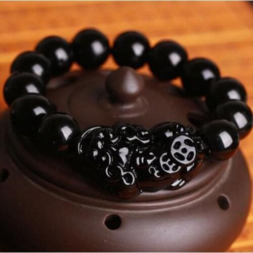 A CHINESE Black JADE Bead Dragon Pi Xiu Coin Bangle Feng Shui Bracelet