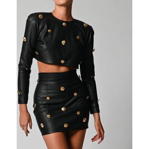 European Fashion Autumn Black White PU Leather Two Piece Set Women Long Sleeve Crop Top + Pencil Mini Skirt 2PCS Outfits Clothes