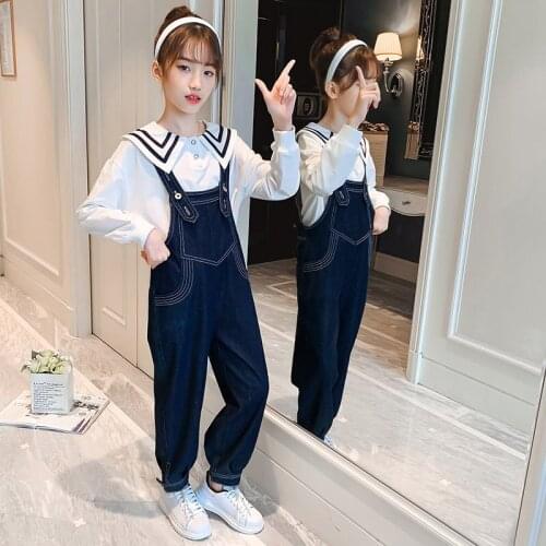 Girls Clothing Set Autumn Teenage Tracksuit Solid T Shirt Denim Suspender Overalls School Girls Clothes Children Costume 8 10Yrs