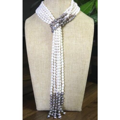 Beautiful 3Strands 49" Freshwater White&Grey Keshi Pearl Necklace