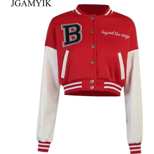 JGAMYIK Embroidery Varsity Jackets For Women 2021 Faux Leather Sleeves Bomber Baseball Jacket Vintage Fall Clothes Cropped Coat