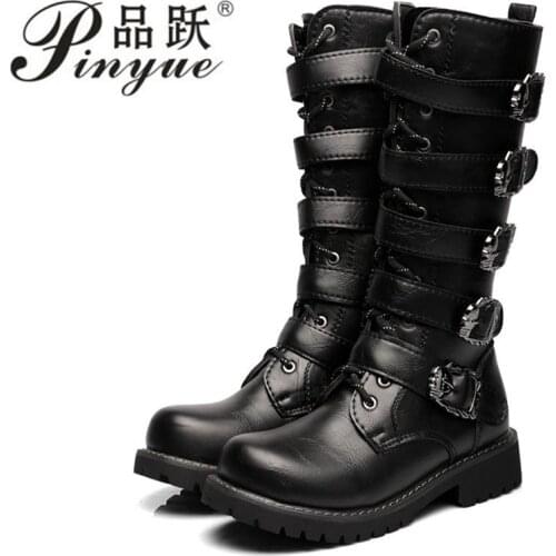 Motorcycle Boots Men Motocross Boots Motorcycle Shoes PU Leather Rock Mid-calf Buckle Motorbike Boots Punk Martin Boots