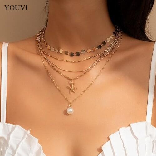 YOUVI Simple Minimalist Multiple Starfis Pendant Necklace Bohemia Pearl Choker Necklaces Collar Women Jewelry Chains on the Neck