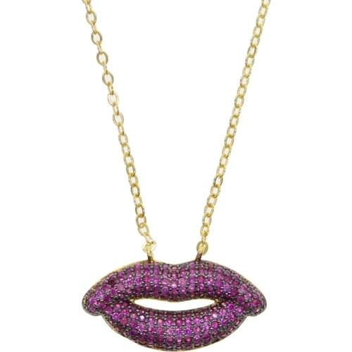 Micro pave red cz cubic zirconia gold color kiss lip pendant necklace 2020 new women jewelry