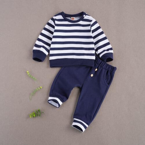 Pudcoco Newborn Baby Boy Clothes Autumn Early Winter Long Sleeve Round Neck Striped Elastic Head Long Pants With Pocket 2Pcs Set