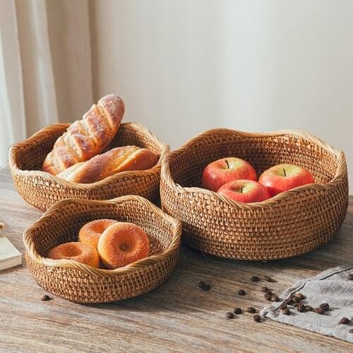 Rattan Storage Basket Snacks Fruit Bread Basket Handmade Woven Organizer Kitchen Desktop Sundries Storage Container Home Decor