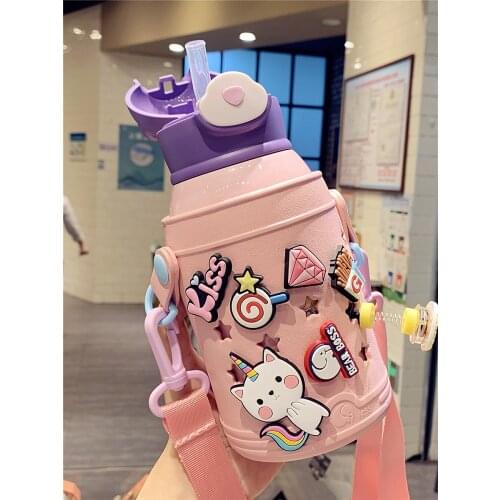 Korean-Style Cute Cartoon Thermal Mug Female Creative Primary School Student Portable Disposable Pot with Straw Children 600ml