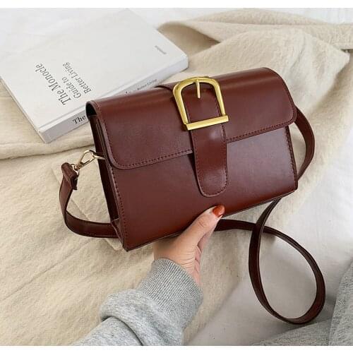 Women Vintage Solid Color PU Leather Shoulder Crossbody Bags Casual Flap Square Buckle Ladies Simple Messenger Bags