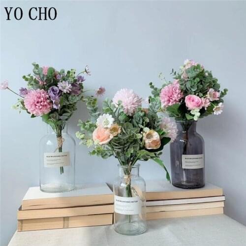 YO CHO Artificial Flower Bouquet Silk Rose Daisy Pompon Mixed Flower Bridal Bouquet Wedding Planner Supplies Home Party Decor