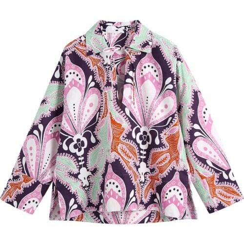 Women Vintage Floral Print Asymmetric Blouse Chic V Neck Long Sleeve Tops Spring Summer Female Casual Tops Blusas