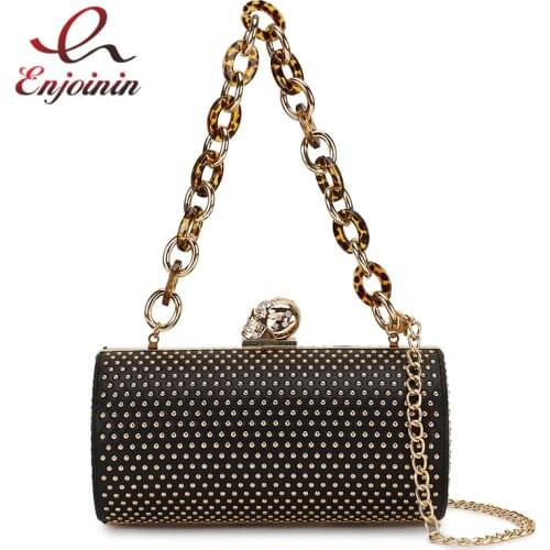 Punk Fashion Dazzling Studded Rivets Pu Women Acrylic Chain Handbag Party Clutch Bag Evening Bag Female Shoulder Bag Purse Bolsa