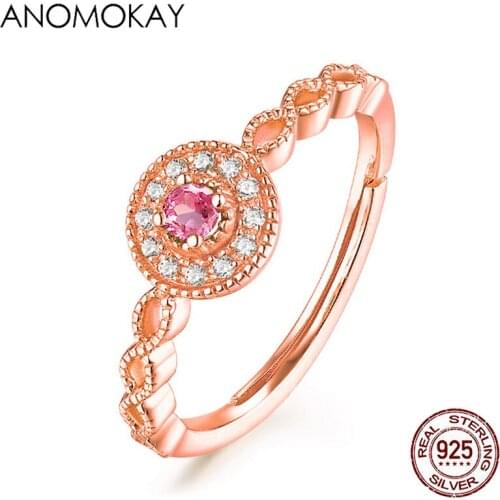 Anomokay Romantic Rose Red Crystal Round Rose Gold Ring for Wedding Party 100% 925 Sterling Silver White CZ Resizable Ring Women