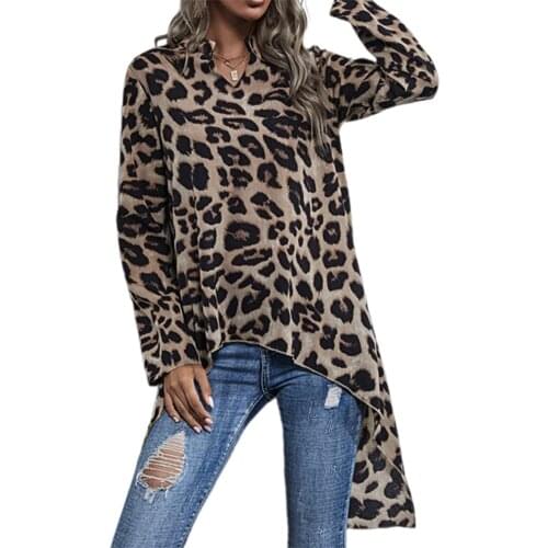 2021 Womens Dress Leopard Printed Irregular Shirt Short Front Long Back V-neck Long Sleeve Top for Female