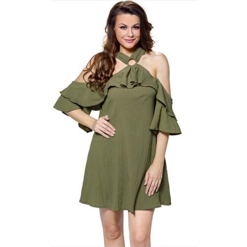 2022 Summer New lovely Style A-line Loose Dress Women Off Shoulder Halter Neck Adorable Sexy O Ring Detail Ruffle Beach