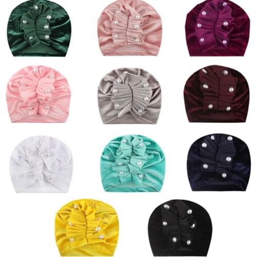 11 Colors 18*16 CM Soft Gold Velvet Infant Hat Fashion Handmade Folded Flower Caps with Pearls Children Floral Headwear Kid Gift