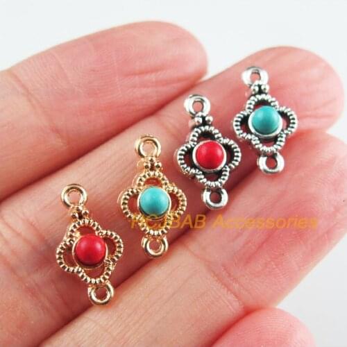 25 New Clover Charms Tibetan Silver Tone Gold Color Red & Blue Stone Flower Connectors 8x14.5mm