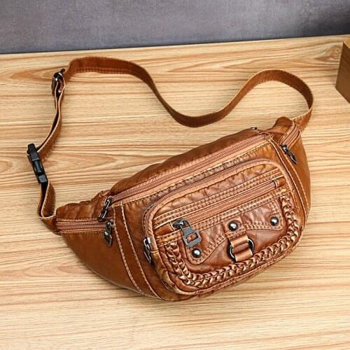 3pcs Waist Bags Women PU Weave Decoration Brown Black Zipper Cross Body Bag