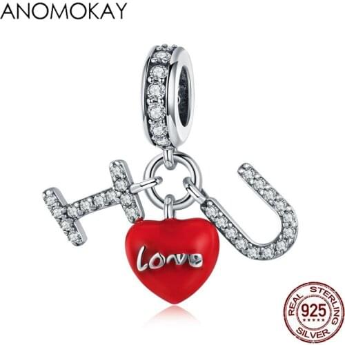 Anomokay 925 Sterling Silver Red Heart I Love You Pendant Bead for Bracelets Necklace S925 Silver Charm for DIY Valentines Gift