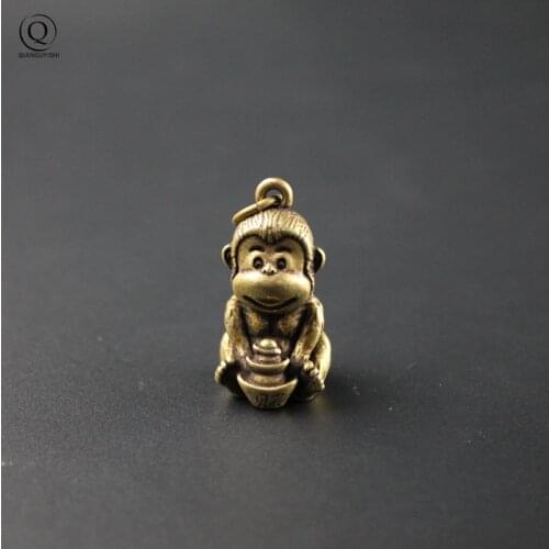 Antique Brass Monkey Holding Ingot Pendants for Keychains Accessories Copper Chinese Zodiac Monkey Figurines Car Key Chain Rings