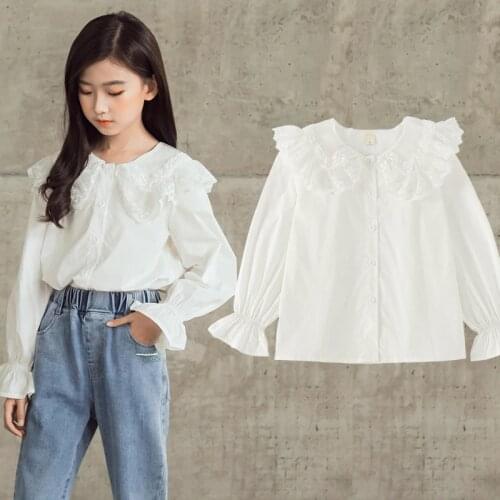 Flare Sleeve Baby Girls White Blouses Autumn New Cotton Lace Collar Kids Shirts Casual Loose Baby Girls Clothes Cute Child Tops