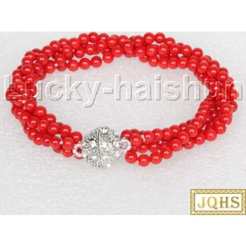 JQHS AAA 8" 4row 4mm round red coral bracelet magnet clasp j12509
