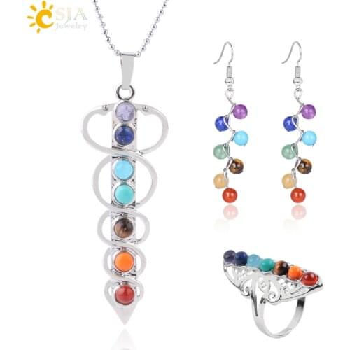 CSJA 7 Chakra Jewelry Set for Femme Natural Round Stone Yoga Beads Reiki Healing Necklace Ring Earrings Religious Jewellery F660