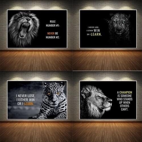 Black Lions Letter Inspiration Art Canvas Painting Animals Motivational Quote Posters Prints Wall Art Pictures for Living Room