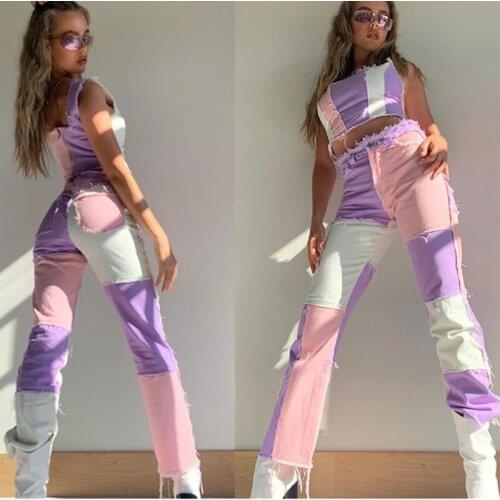 Autumn 5 Colors Women Cowboy Striped Patchwork Jeans Street Casual Hip Hop High Waist Loose Straight Jeans Womens Fashion Pants