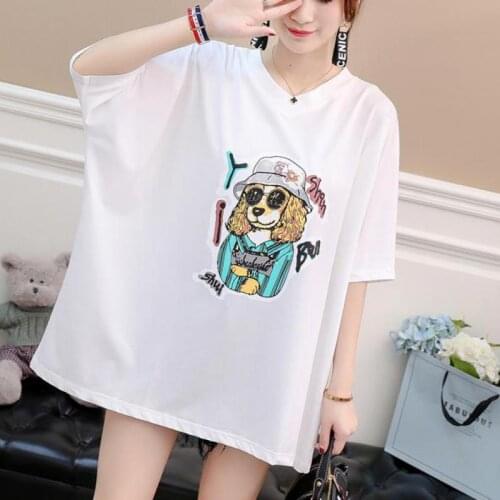 Zuolunouba 2019 Summer Casual T Shirt Women Short Sleeve Long Tops Cute Dog Print V-neck Tees Lady Oversized Loose