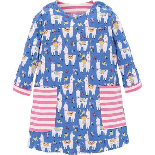 Jumping meters Girls Long Sleeve Alpaca Dresses New Pockets Baby Animals Cotton Clothes Cute Childrens Autumn Spring Kids Dress
