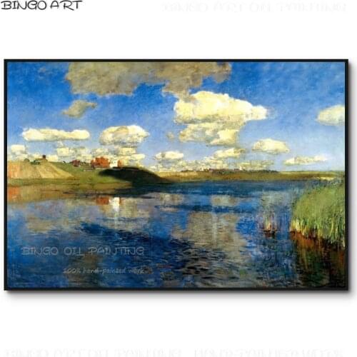 Russian Famous Artist Levitan Lake Oil Painting Reproduce Russian Oil Painting Beautiful Blue Lake Oil Painting for Wall Decor