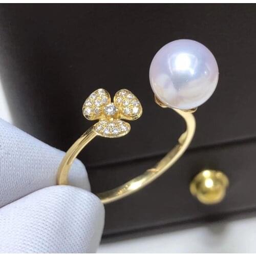 D417 Pearl Ring Fine Jewelry Solid 18K Gold Round 8-9mm Natural Ocean Sea Water Akoya White Pearls Rings Japan Origin for Women