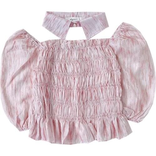 Sweet pink tie-dye pleated stretch design puff sleeve square neck slim short shirt