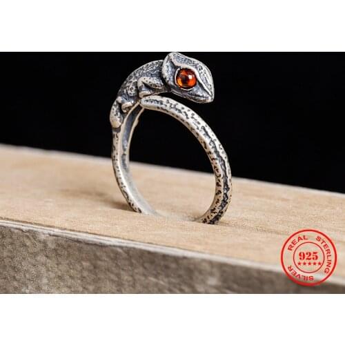 MKENDN Vintage 100% 925 Sterling Silver Chameleon Ring With Red Eyes For Men and Women Gothic Street Hip Hop Punk Jewelry
