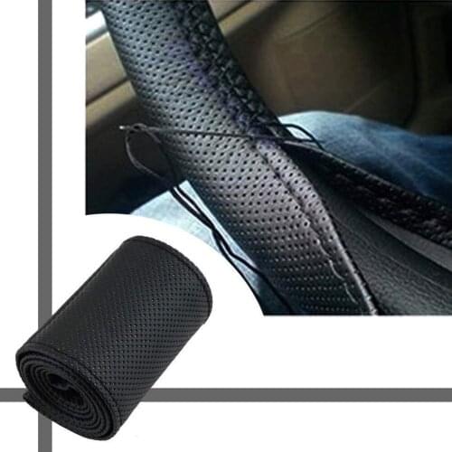 Fashion Car Truck Leather Steering Wheel Cover With Needles and Thread Black DIY