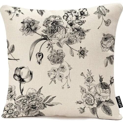 Throw Pillow Cover Vintage Floral with Victorian Bouquet of Black Flowers on Garden Roses Tulips Delphinium Petunia Cotton Linen