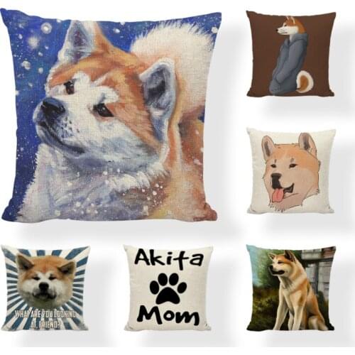 Lovely Dog Akita Cushion Covers Cartoon Cute Animal Print Cotton Linen Throw Pillow Case Home Decorative Living Room Pillowcases