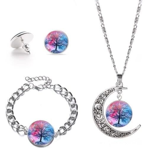 Life of Tree Moon Glass Pendant Necklace Set Hot Jewelry Fashion Statement Crystal Pendant Galaxy Lovely Silver Color Necklace