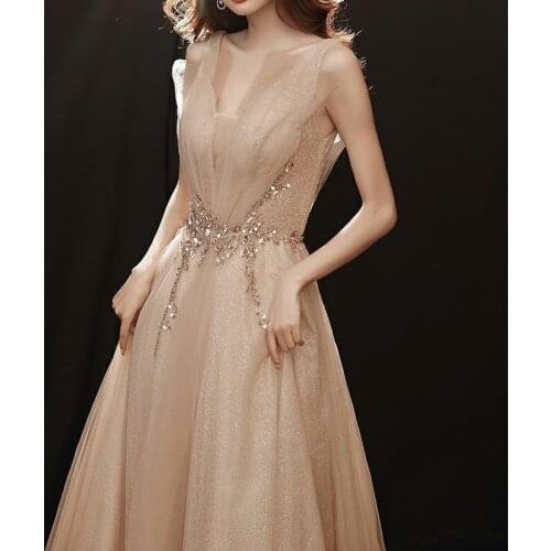 Nude Pink Prom Dresses V-neck A Line Shiny Beading Sequined Pleat Floral Print Beauty Pageant Princess Wedding Evening Gowns New