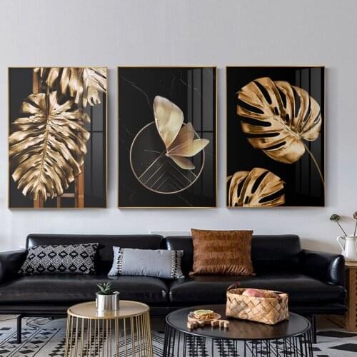 Golden Leaves Butterfly Poster Luxury Abstract Picture Wall Art Print Simple Modern Canvas Painting for Living Room Home Decor