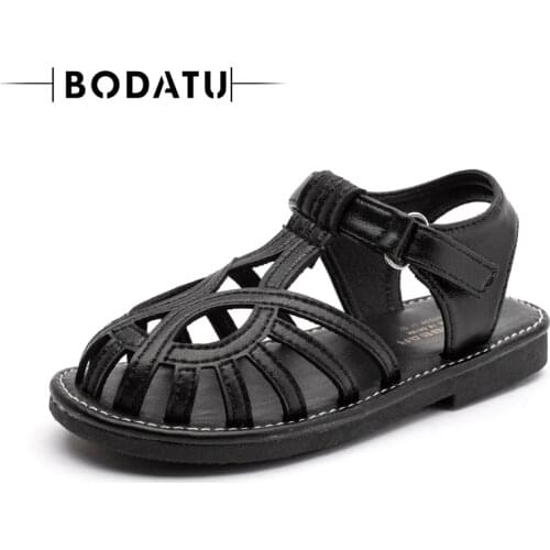 BODATU Girls Sandals High Quality Leather Sandals Childrens Beach Shoes Princess Balck Children Summer Shoes Kids Plat Sandals