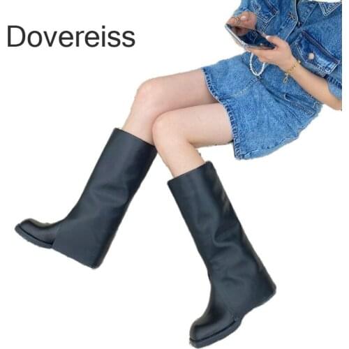 Dovereiss Fashion Winter Sexy Elegant Pure Color Beige Concise Round Toe Mature Retro Genuine Leather 4CM Knee High Boots 40