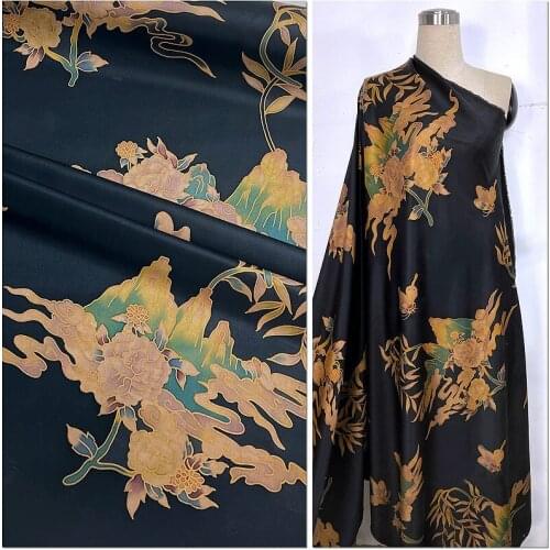 35 Mm Silk Cheongsam Tang Costume Fabric Heavy Satin Hand-painted Cloud Gauze Butterfly Dance In Peony Mountain On Black