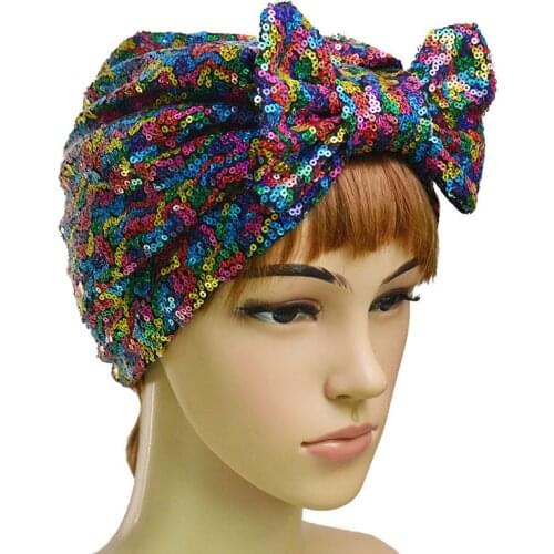 Glitter Women Sequins Turban Cap Muslim Headwear Bowknot Hijab Caps African Headwraps Ready To Wear Hijabs Headscarf Bonnet