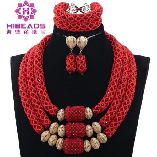 Splendid Dark Red African Beads Statement Necklace Set Dubai Gold Bridal Indian Crystal Jewelry Sets 2017 New WE063