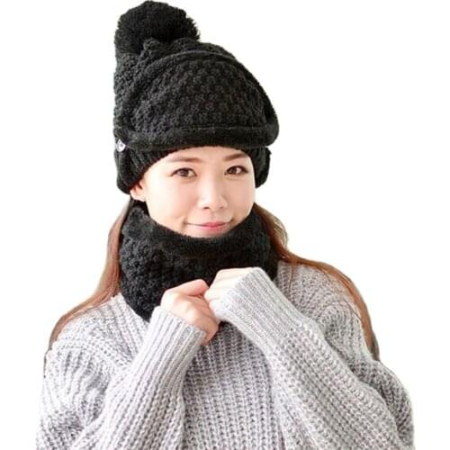 XEONGKVI Korean Pure Color Knitted Cap Scarf Mask Set Winter Warm Cycling Three-Piece Suit Skullies Beanies Hats For Women