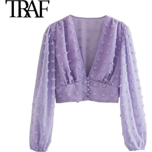 TRAF Women Fashion See Through Dot Chiffon Cropped Blouses Vintage Deep V Neck Lantern Sleeve Female Shirts Chic Tops