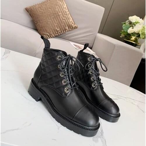 Genuine Leather Leisure Women Boots Ankle Round Toe Mixed Color Thick Bottom Lace-Up All-match Black Autumn Lattice Rome Boots
