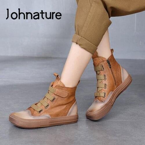 Johnature Genuine Leather Women Boots Retro Shoes Hook & Loop Flat With 2021 New Autumn Winter Concise Square Toe Ladies Boots