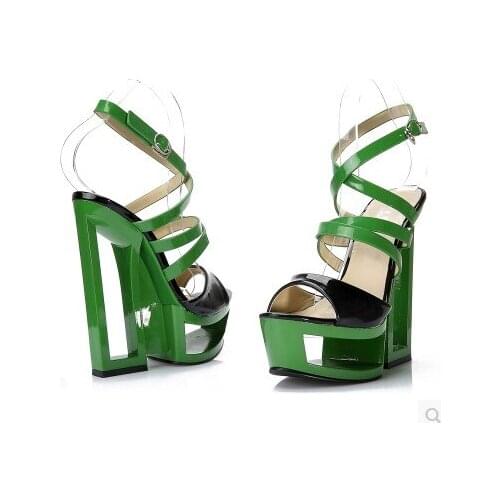 Fretwork Heels Fashion Shoes Green Sandals Woman Platform Heels Cool 16cm Square Heel Cut Outs Ankle Buckles Peep Toe High Heels
